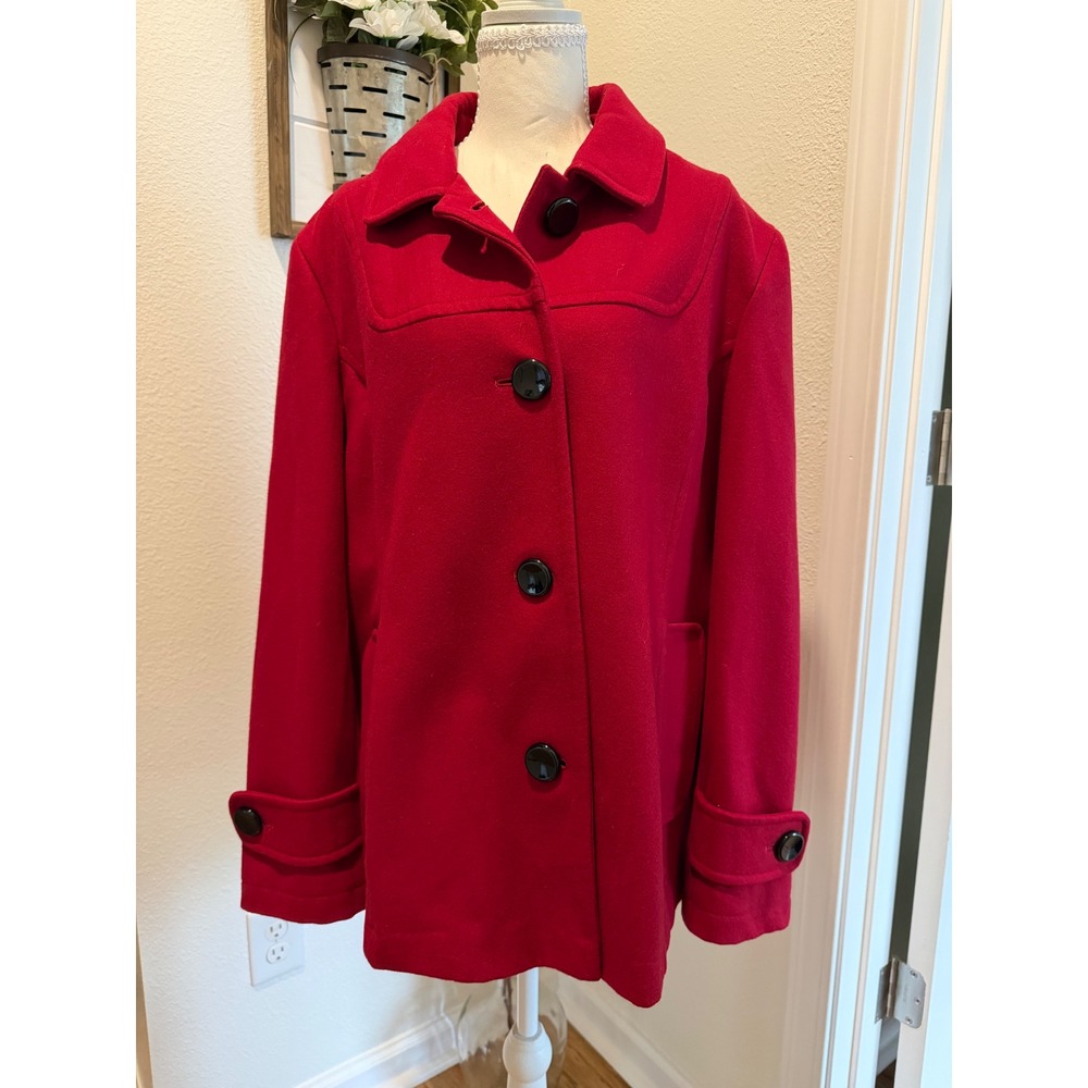 1 Madison Red Wool Blend Pea Coat Womens XL Button Front Jacket Preppy